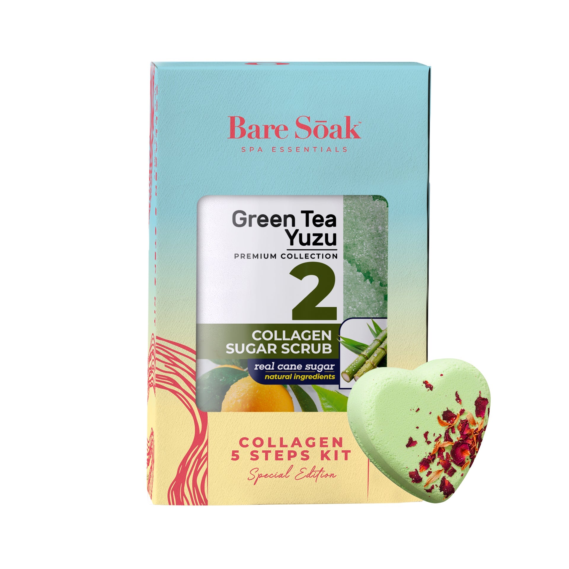 BareSoak 5 Steps Collagen with HEART Fizz Bomb - Green Tea Yuzu - Kits - New