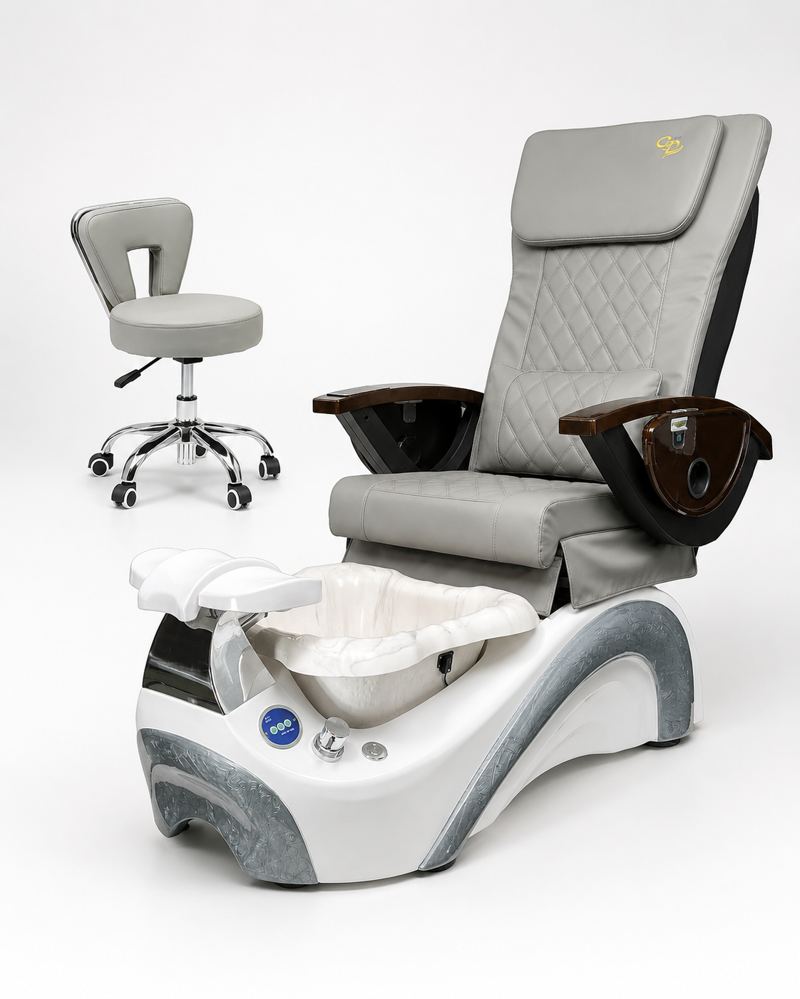 Phoenix Pedicure Spa Chair Complete Set with Pedi Stool - Pearl White Base - Marble Bowl - C01 Leather