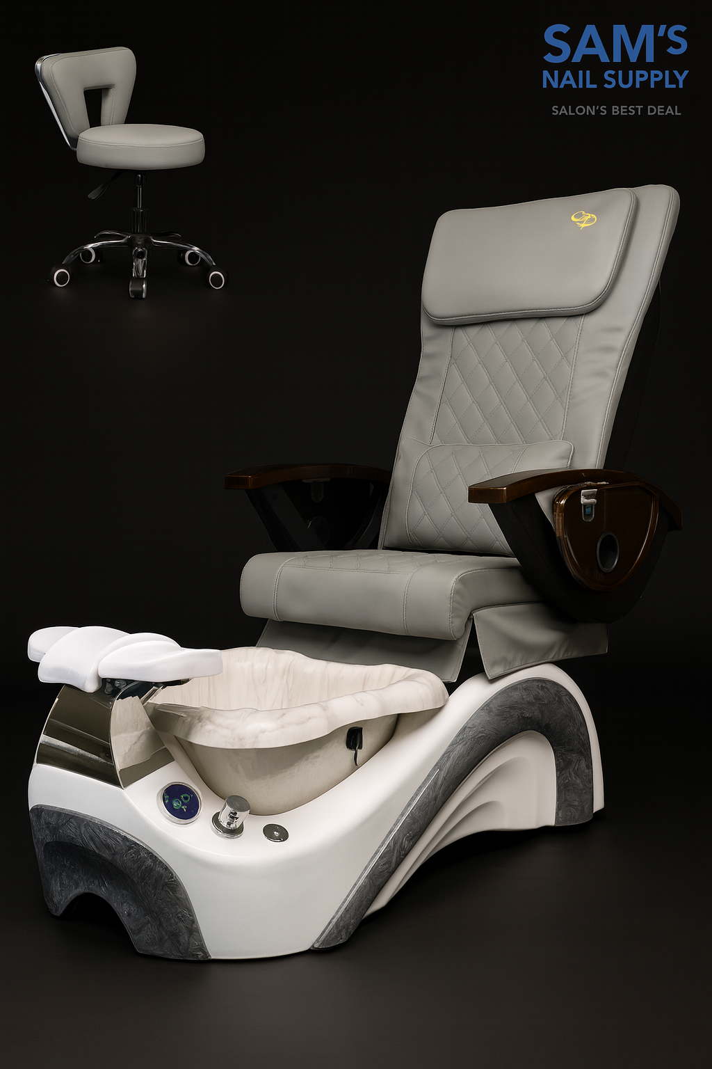 Phoenix Pedicure Spa Chair Complete Set with Pedi Stool - Pearl White Base - Marble Bowl - C01 Leather
