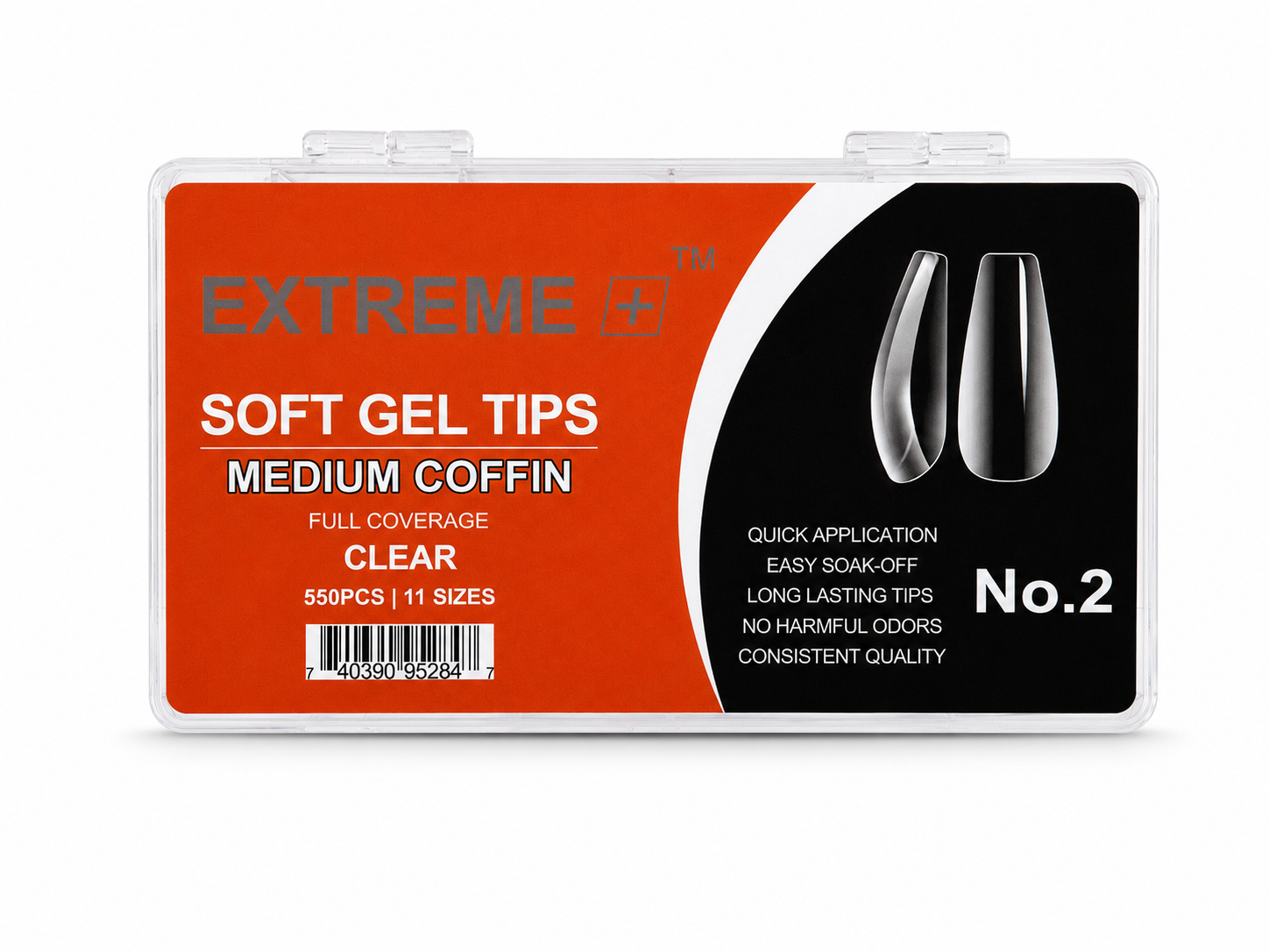 EXTREME+ Clear Full Cover Nail Tips No.2 _ Medium Coffin