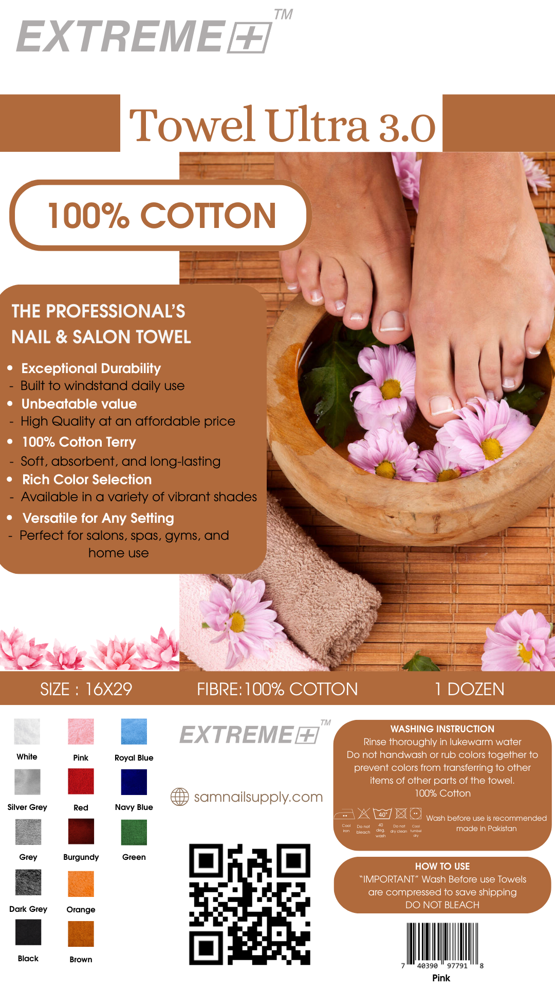 Extreme+ 100% Cotton Towel - Pink 16x29 - Pack of 12 (3Lbs)