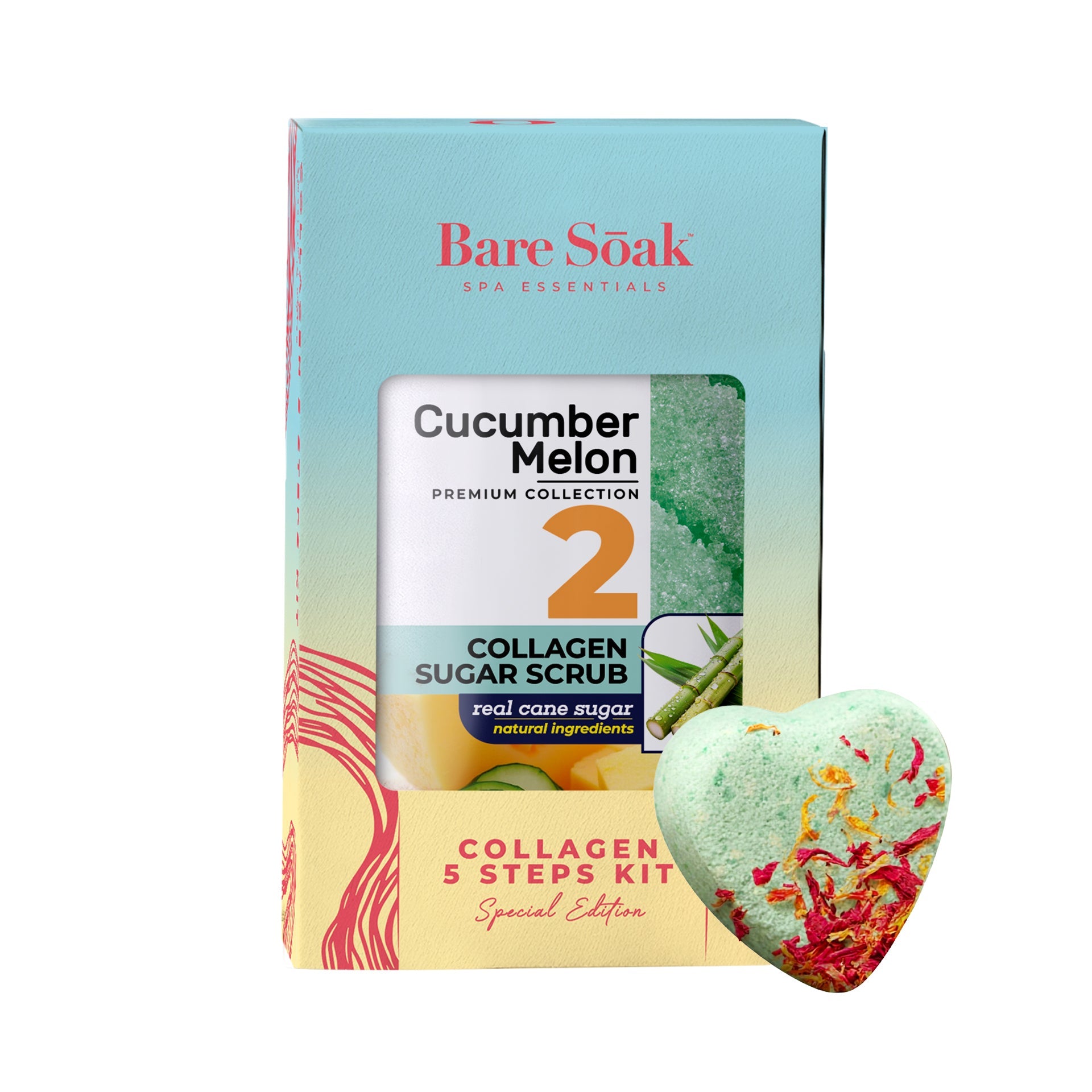 BareSoak 5 Steps Collagen with HEART Fizz Bomb - Cucumber Melon - Kits - New