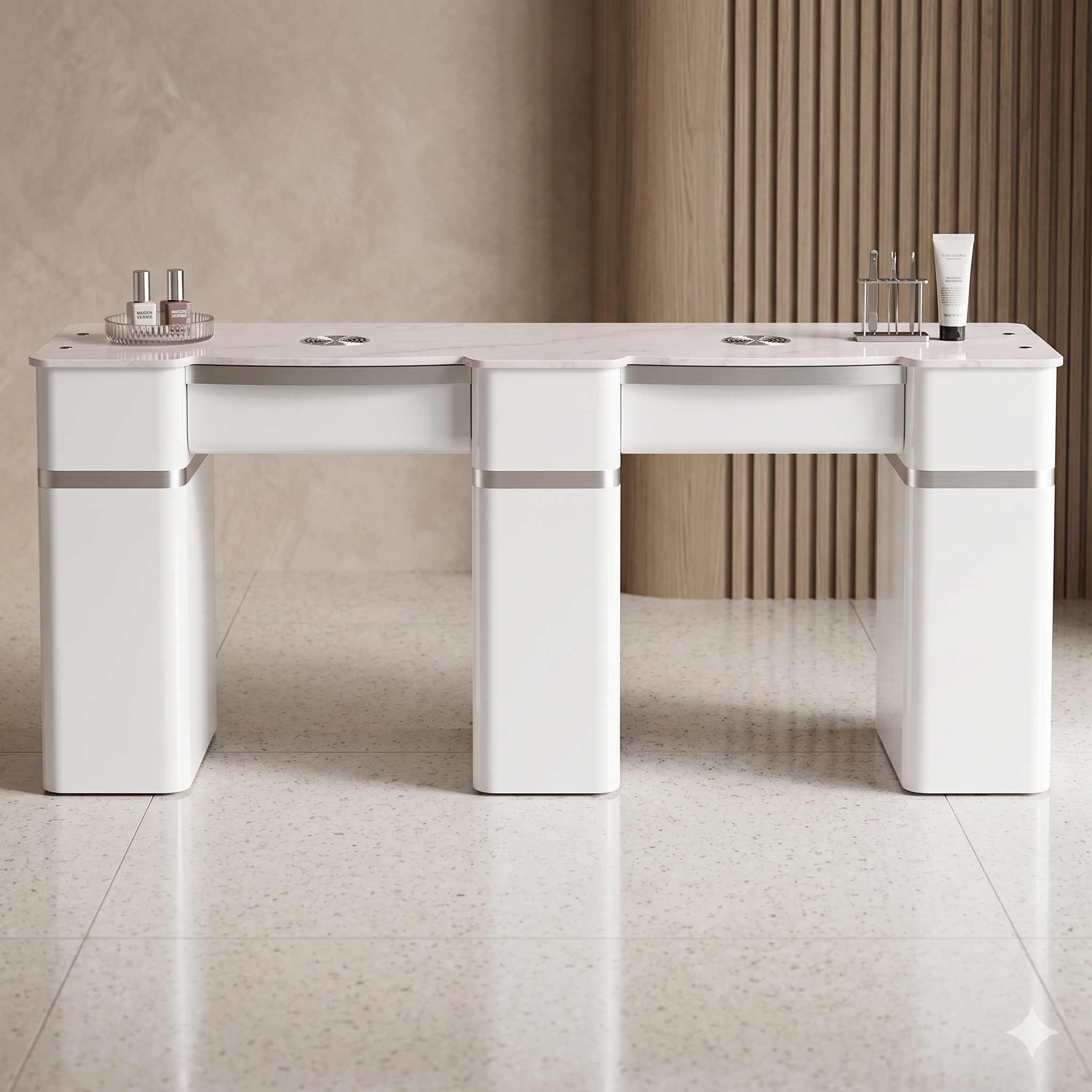 Nail Table - T20W - Double Station with Vent Hood - White Shiney Silver