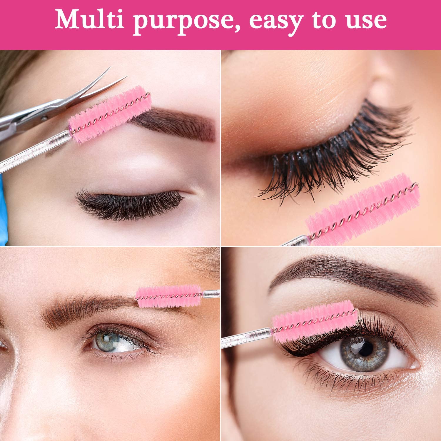 24Pc Plastic Eyelash Extension Tweezers & 100Pc Eyelash Brush Mascara Wands Applicator (Pink)