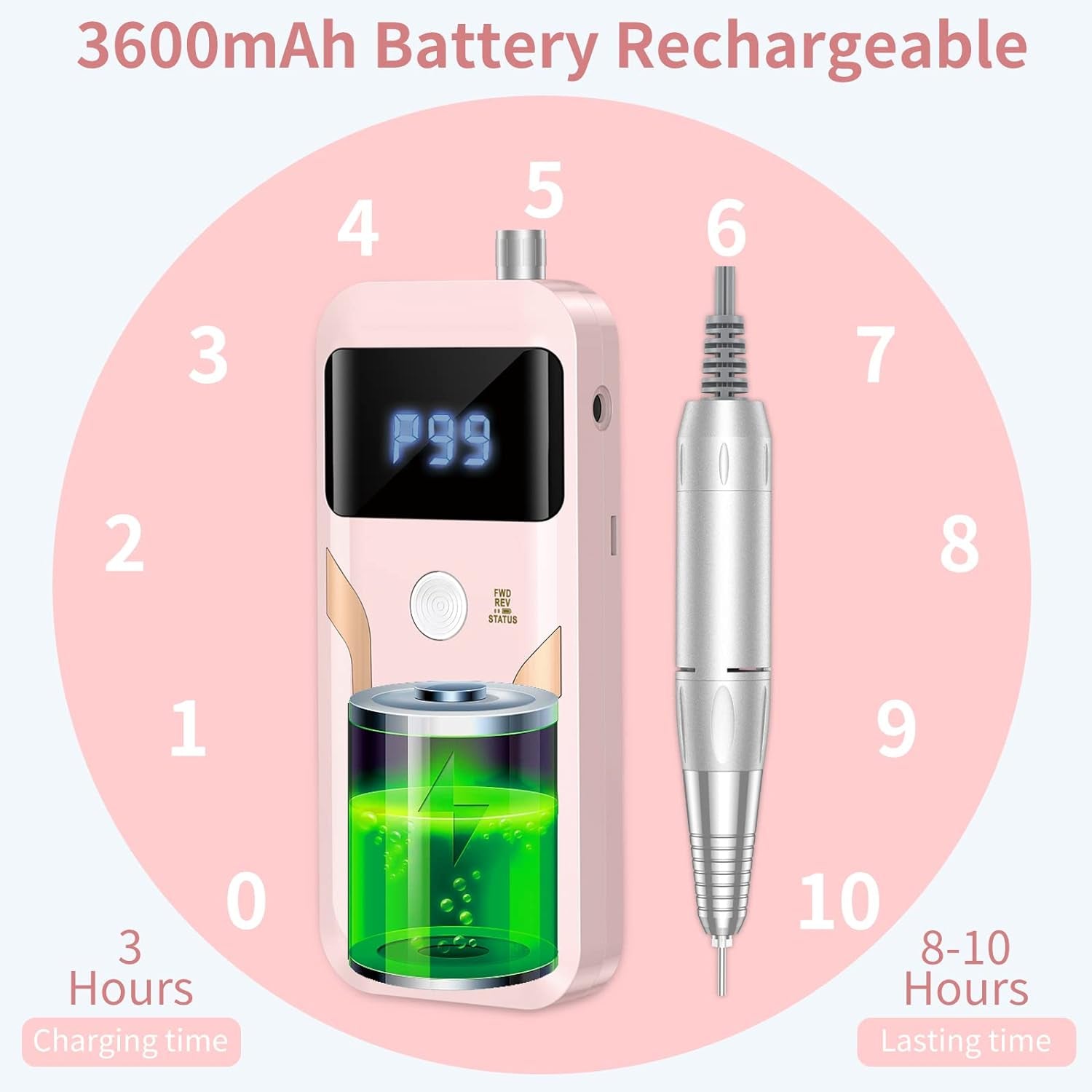 Portable Nail Drill Professional 35000 RPM,  Rechargeable Electric Nail File Machine E File for Acrylic Gel Polishing Removing, Cordless E-File with Bits Kit for Manicure Salon Home,Pink