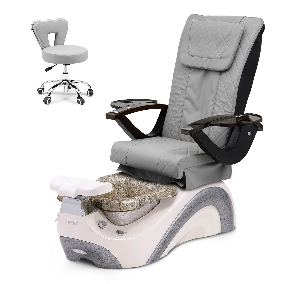 Phoenix Pedicure Spa Chair Complete Set with Pedi Stool - Pearl White Base - Marble Bowl - C01 Leather